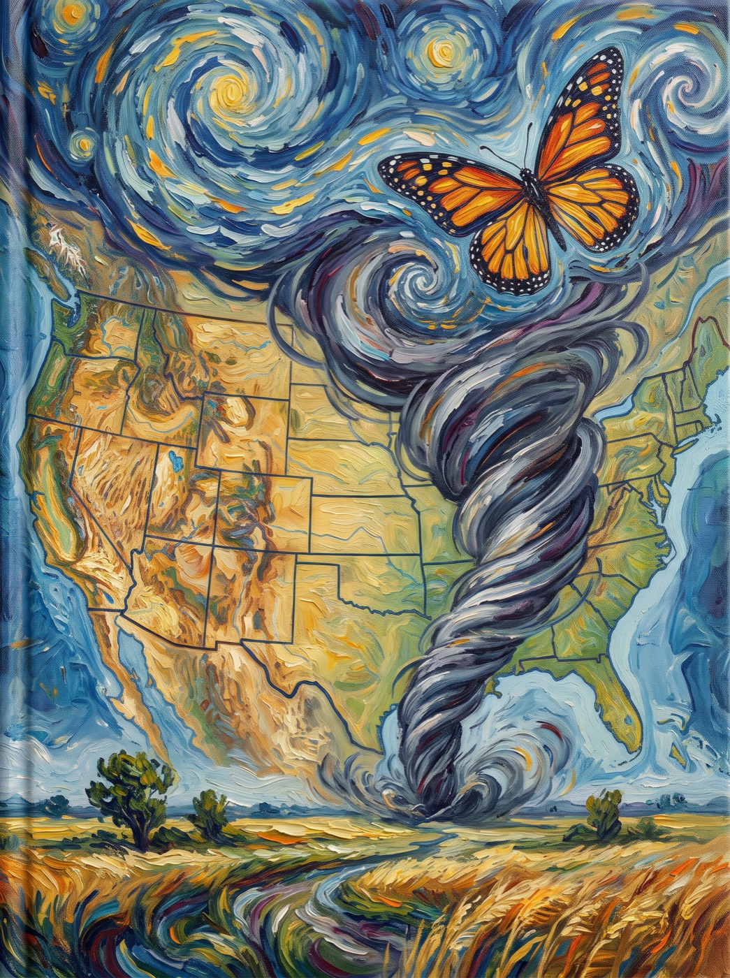 A swirling, turbulent night sky in thick brushstrokes — a painterly stand-in for deterministic chaos